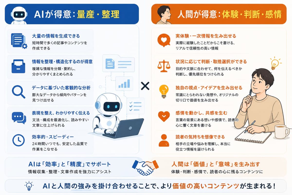 「AIが得意：量産・整理」（大量生成・構造化・客観的な分析など）と「人間が得意：体験・判断・感情」（一次情報・取捨選択・独自の視点など）を掛け合わせると、より価値の高いコンテンツが生まれると示す図